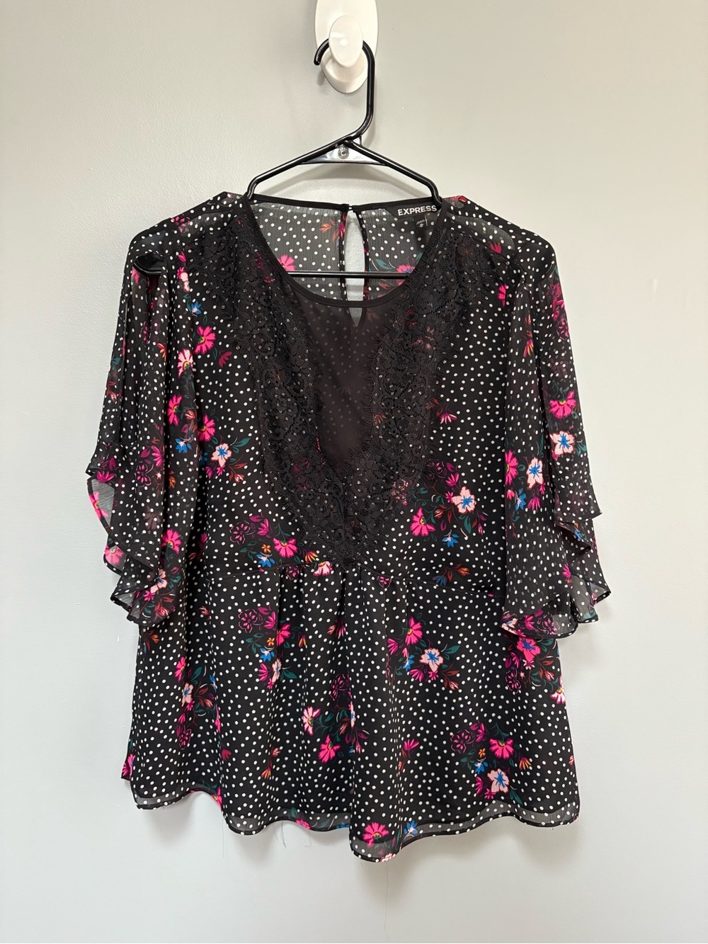 Express Black Floral Dot Lace-Trim V-Neck Sheer Blouse‎ Size M